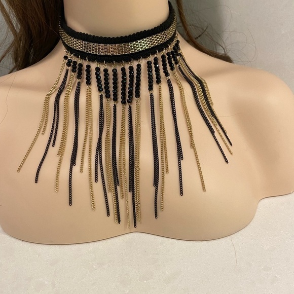 Whimsygoth Signed PL Black and Gold Beaded Tassel Choker - Picture 1 of 8